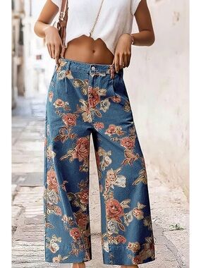 Loveimgs Blue Floral Wide-Leg Jeans